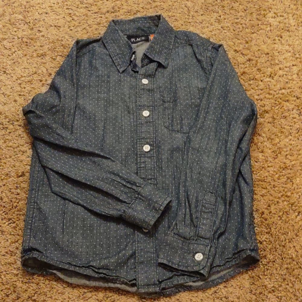 Place, Boys Size 7/8, blue dotted print‎ denim look  button long sleeve shirt